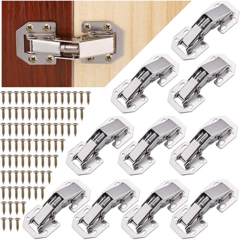 10 90-degree cabinet door hinges with screws, automatic closing mechanism with integrated damper, invisible stainless steel hinge for kitchen cabinet