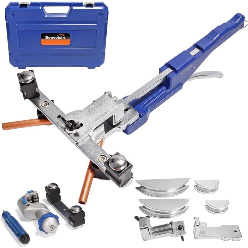 Manual tube bender for 10-22mm (3/8"-7/8") copper tubes, 0-90° bending range with tube cutter and debarker. Reamer (forward and reverse bending of